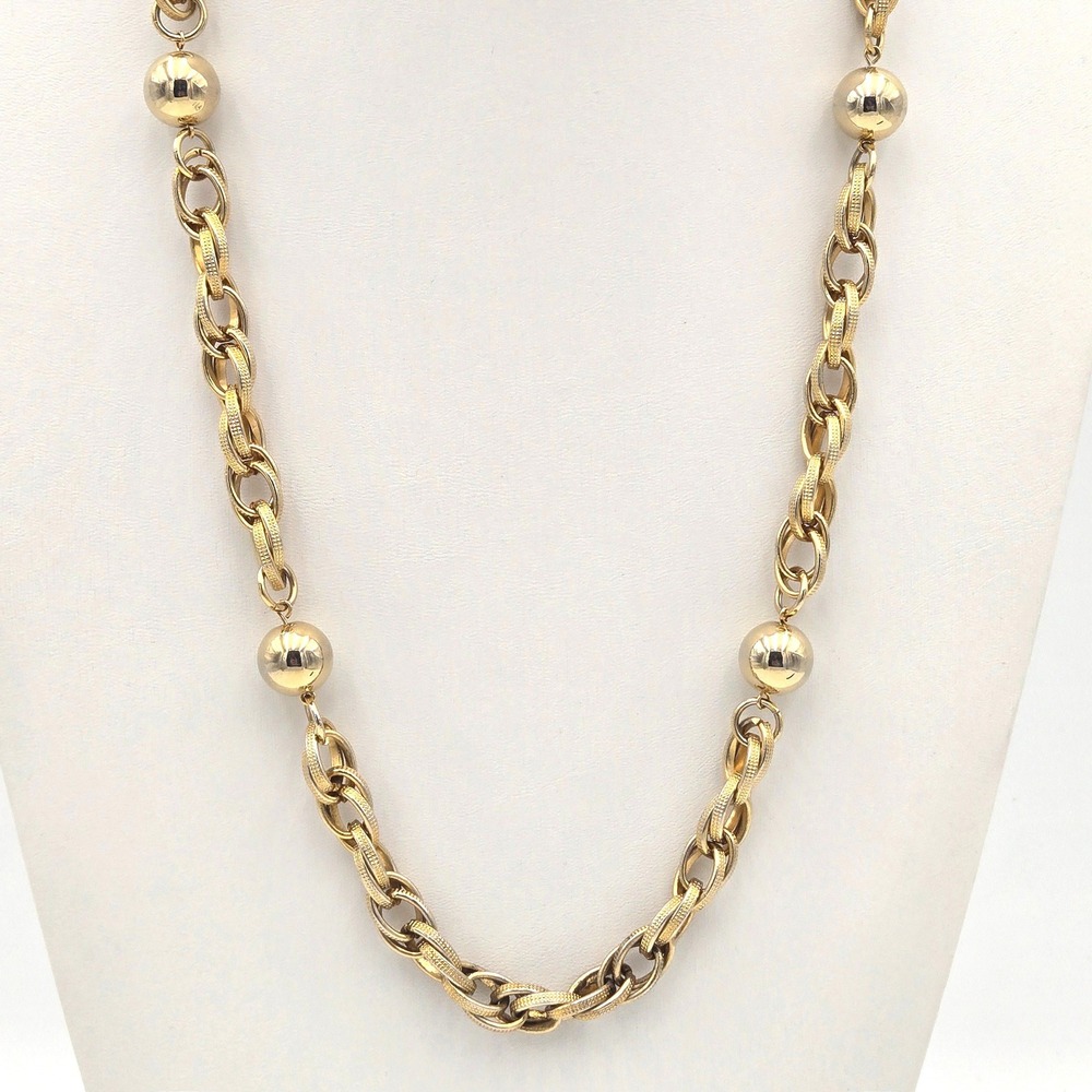 Vintage Gold Tone Necklace Textured Double Link Chain with 14mm Polished Beads